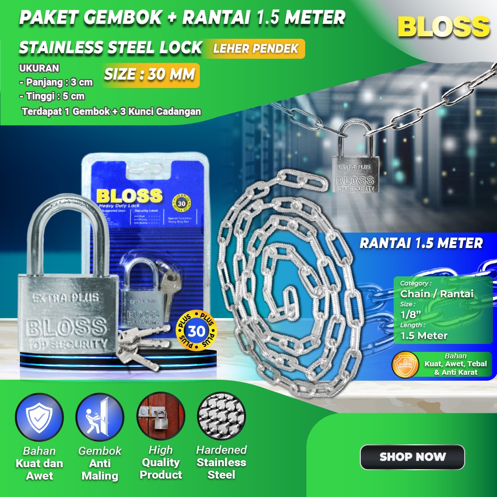 Jual BLOSS Paket Gembok 30MM Pendek + Rantai 1.5 Meter Kuat Anti Karat ...