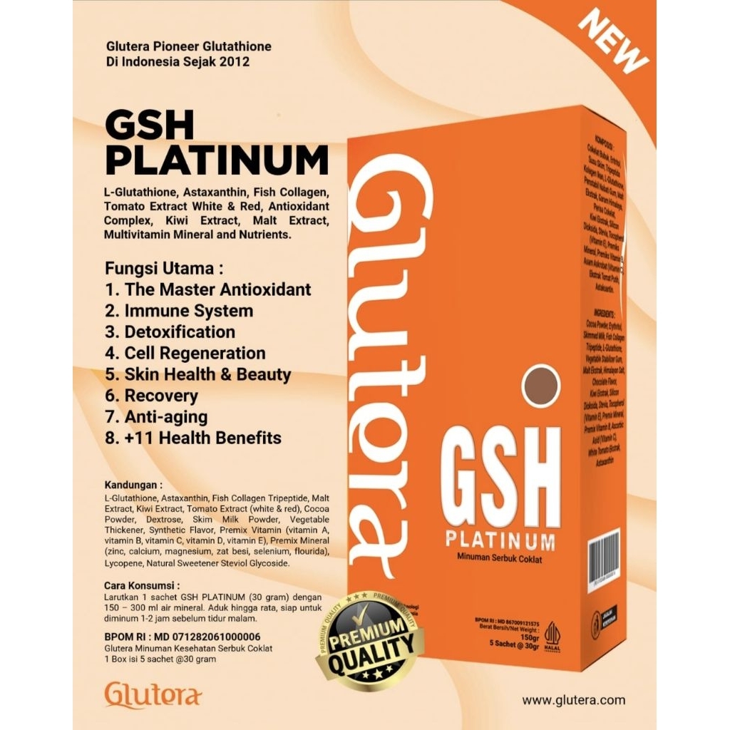 kandungan glutathione GLUTERA GSH PLATINUM WITH GLUTATHIONE, ASTAXANTHINE, COLLAGEN 1 BOX isi 5  sachet