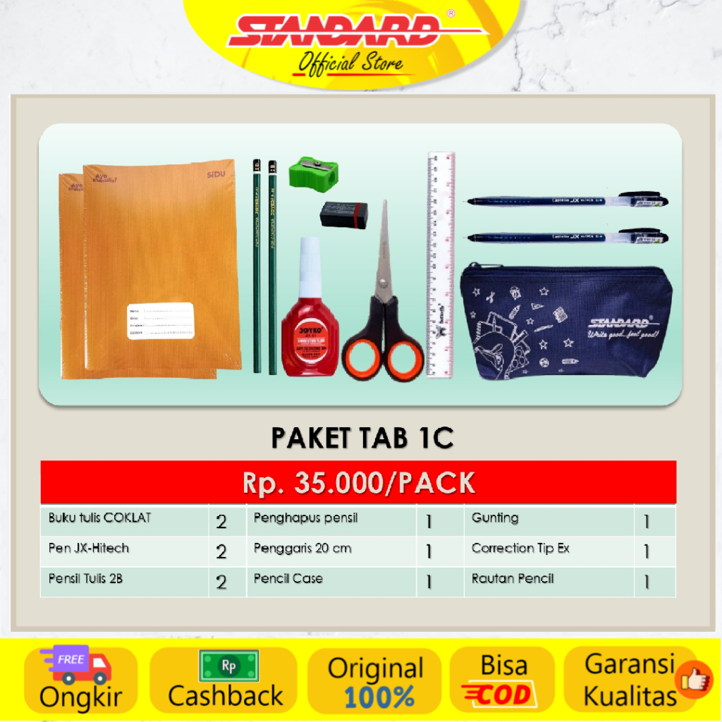 Standard - Paket TAB 1C ( Buku, Pensil, Pulpen, Penghapus, Rautan, Penggaris, Tip Ex, Gunting, Pencase ) (2)