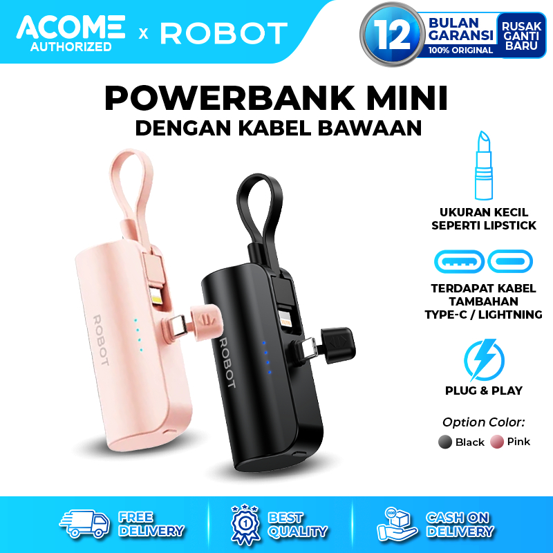 ACOME X ROBOT Powerbank Mini Fast RP-051C/L Charging 4500mAh With Port and Cable Type C Lightning Stand Function Power bank Travel  - Garansi 1 Tahun