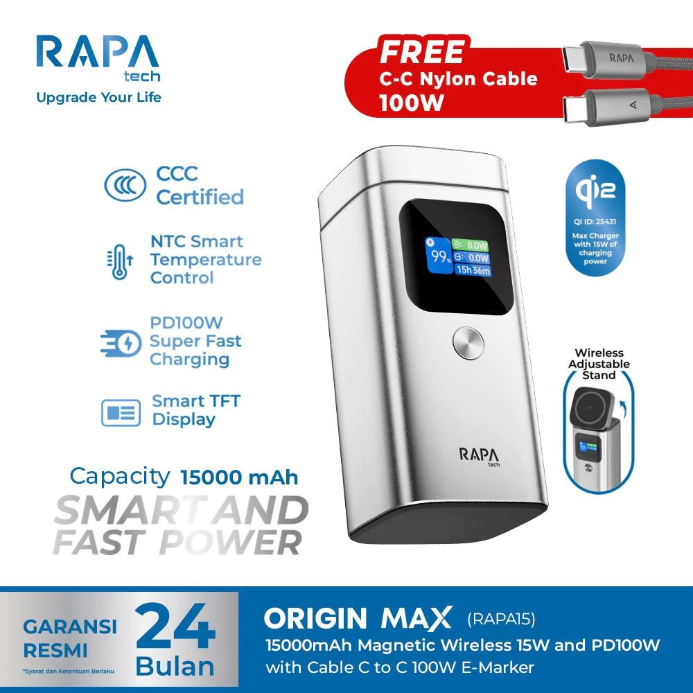 RAPAtech ORIGIN MAX Power bank 3C/CCC 15.000mAh PD 100W Super Fast Charging Qi2 Wireless 15W NTC 2.0 Smart Chip Protection Powerbank for iPhone Samsung Android iPad Macbook - foto 1