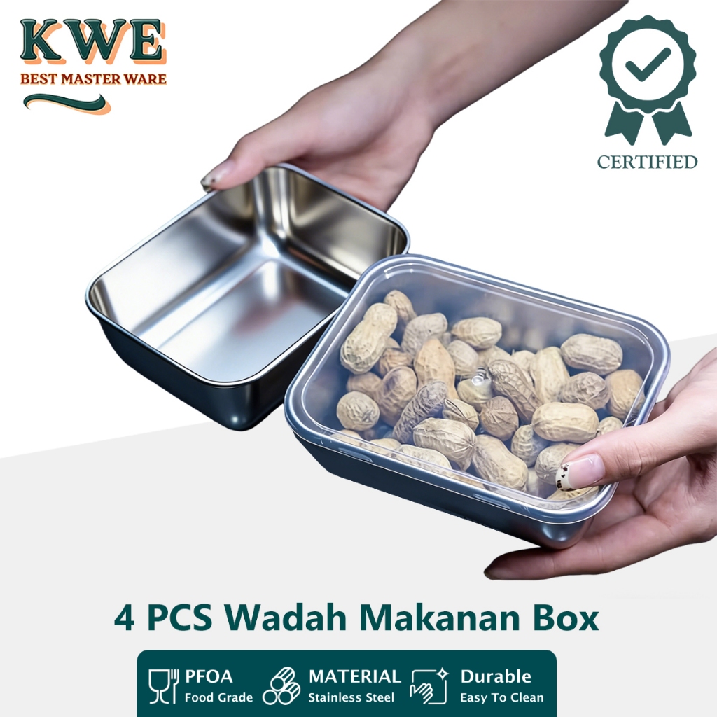 Jual KWE 4 PCS Wadah Makanan Stainless Steel Dengan Tutup Plastik 14×11 ...