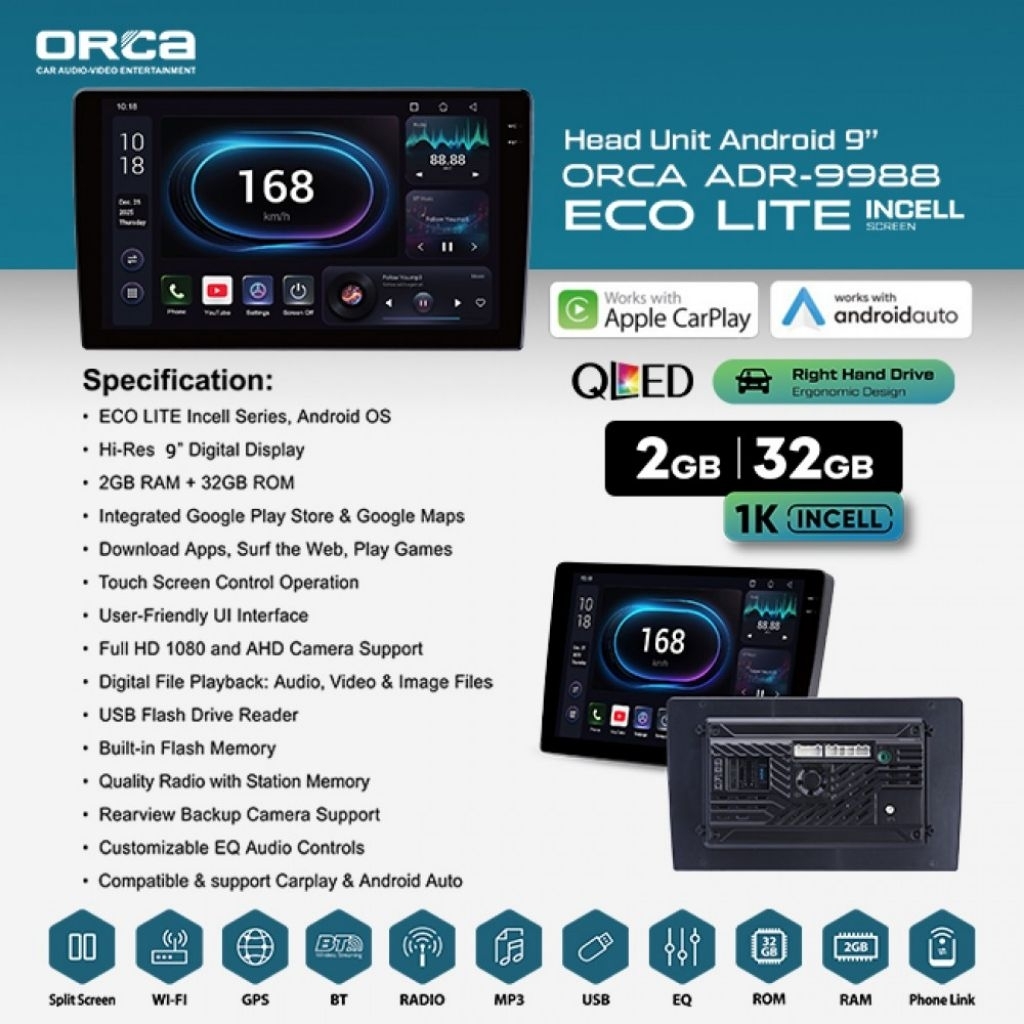 Jual Head Unit Android 9 inch ORCA ADR-9988 ECO LITE SERIES Ram 2GB ...