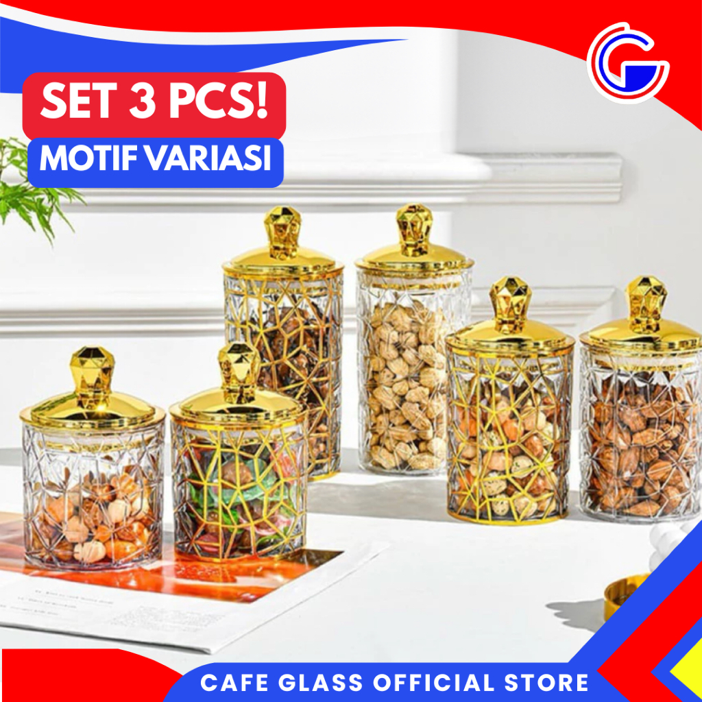 Toples Lebaran Set 3 Pcs Mewah Sultan Gold - Toples Akrilik Bening Kedap Udara - Gift Set Souvenir Wedding
