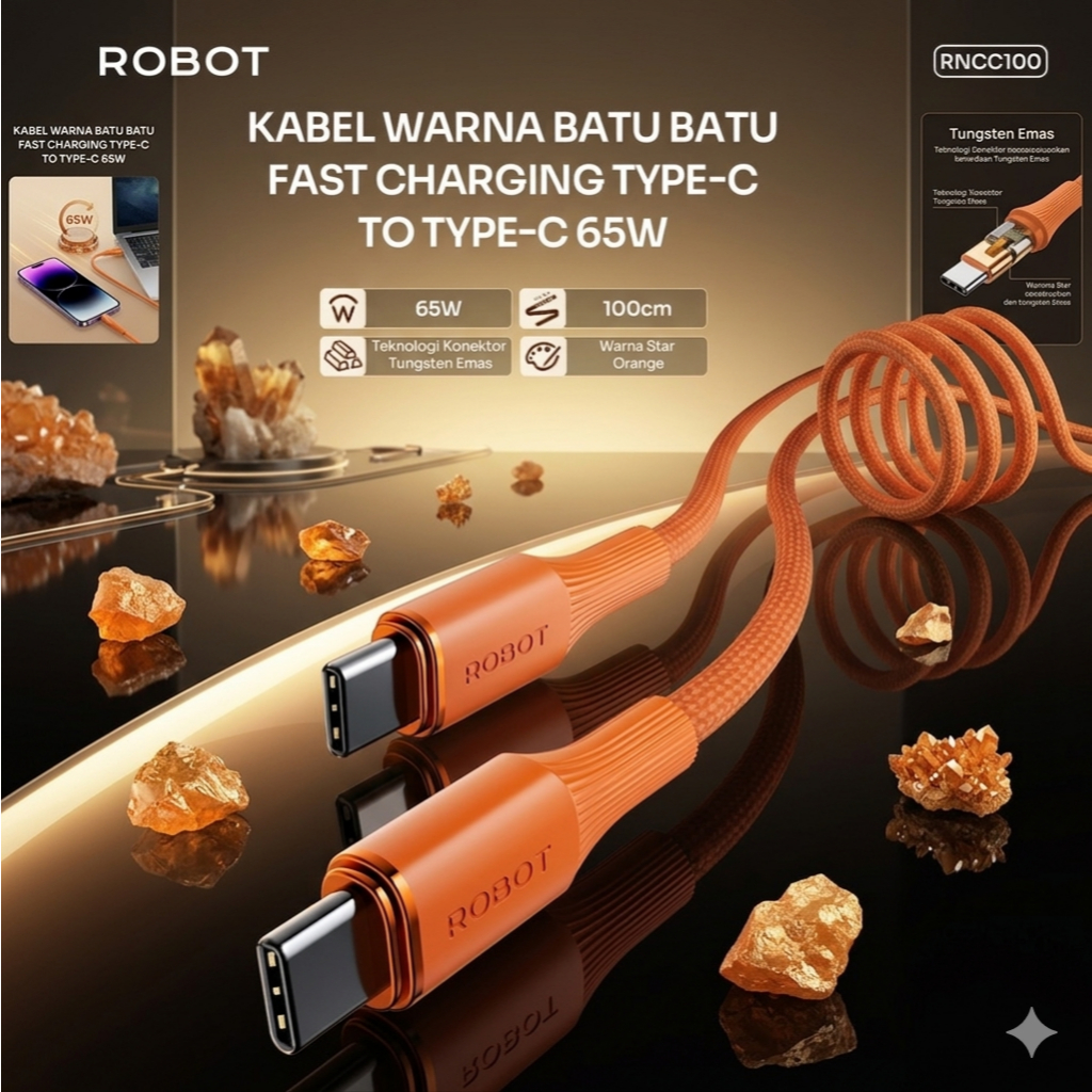 Jual ROBOT RNCC100 | RNCC200 Cable Kabel Data Type C To Type C Fast ...