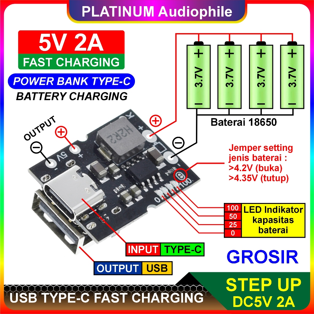 Jual Modul Power Bank USB Type-C Fast Charger Step up Charging Lithium ...