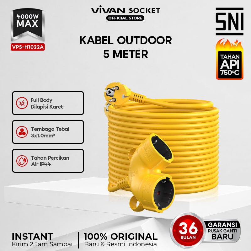 [Kabel Extension Outdoor] VIVAN Stop Kontak Outdoor 2 Lubang Anti Pecah Super Kuat Tahan Air IP44 SNI Tahan Api 750 Derajat Safety Socket Garansi 36 Bulan Soket Dua Cabang Steker 2 Arah Kabel Sambungan Listrik Industrial Mobile Mounting VPS-H1022A
