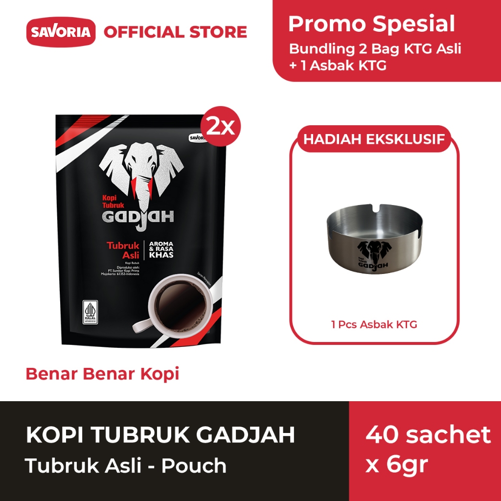 Kopi Tubruk Gadjah Asli Pouch - Bubuk Kopi Hitam 40 Sachet x 6g + 1 Asbak KTG