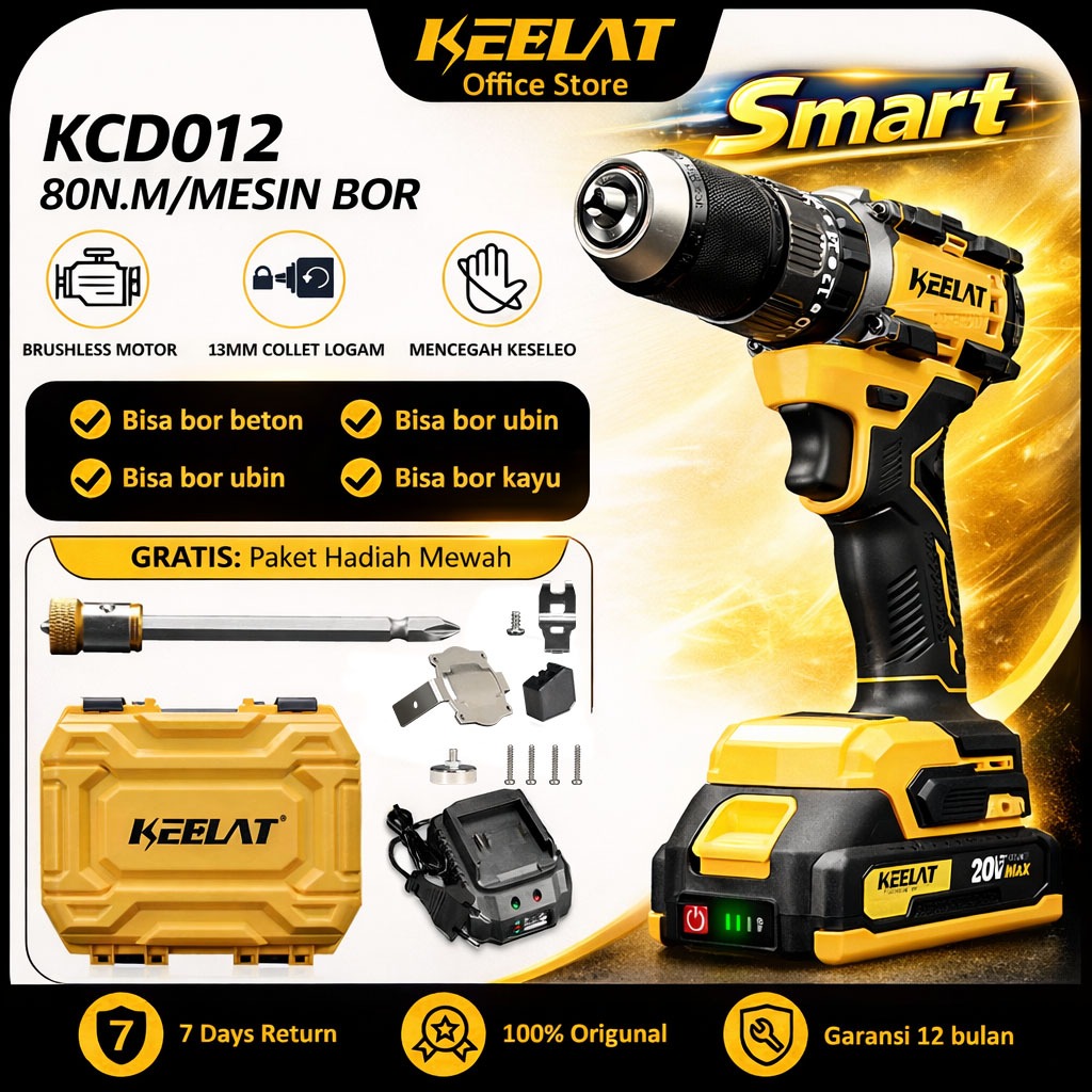 [KEELAT-KCD012] Smart Bor Listrik Brushless Mesin Bor Heavy -Duty  Drill  80nm Cordless Drill Bor 13mm  Impact Bor Baterai