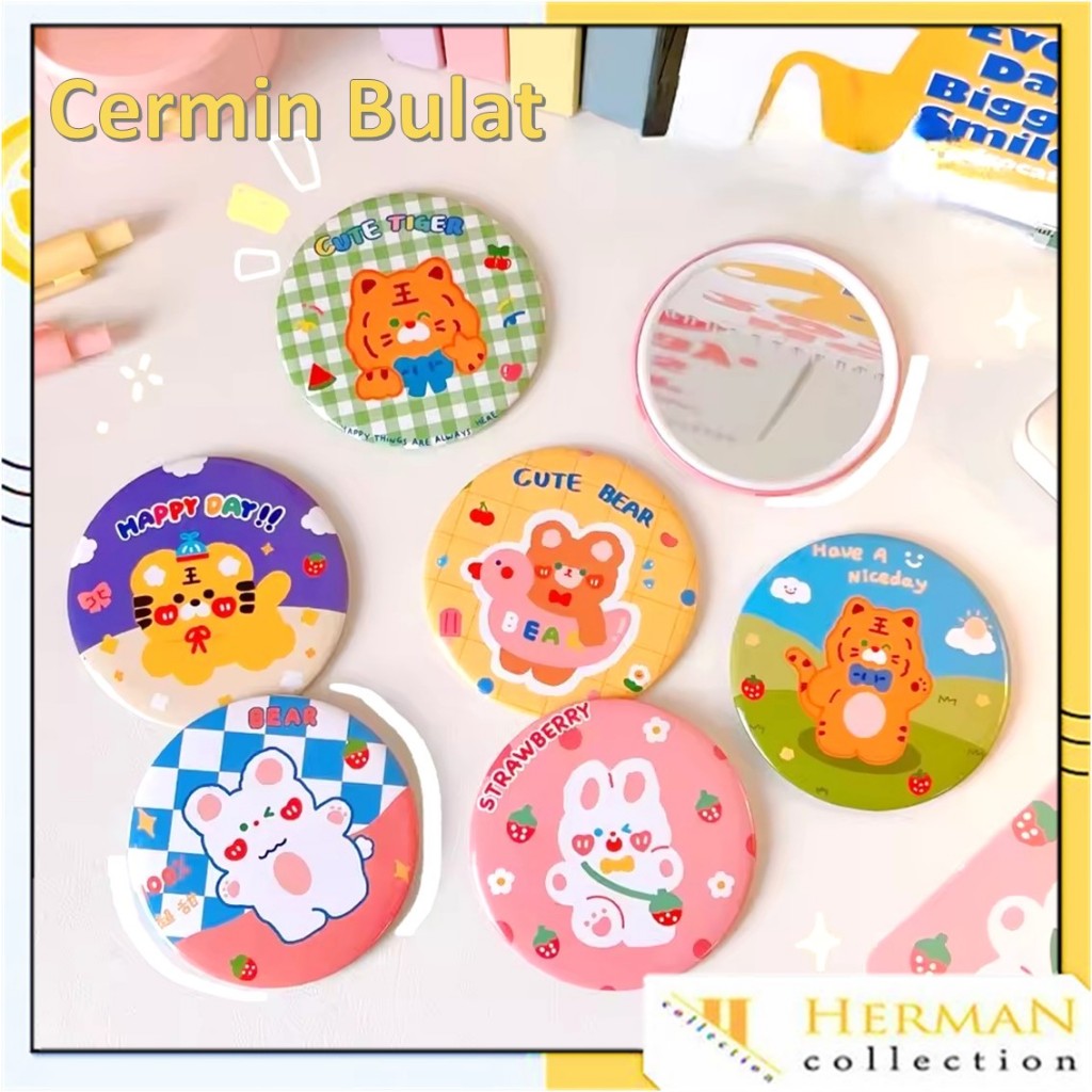 HC Cermin Bulat Mini Karakter Kaca Cermin Make Up Mini Kaca Travelling Motif Lucu Kaca Mini Travel Size Kantong