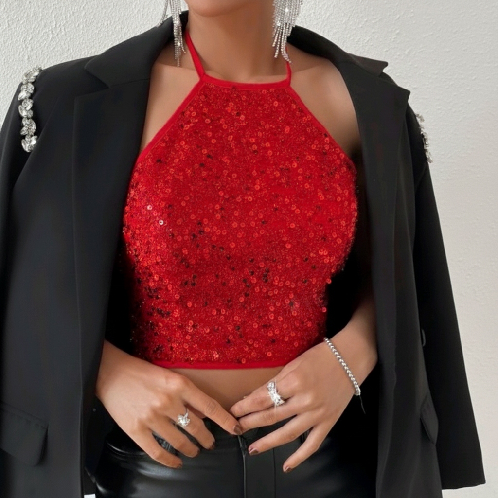 Jual Halter Top Wanita Payet Merah Backless Crop Top Sexy Party Outfit ...