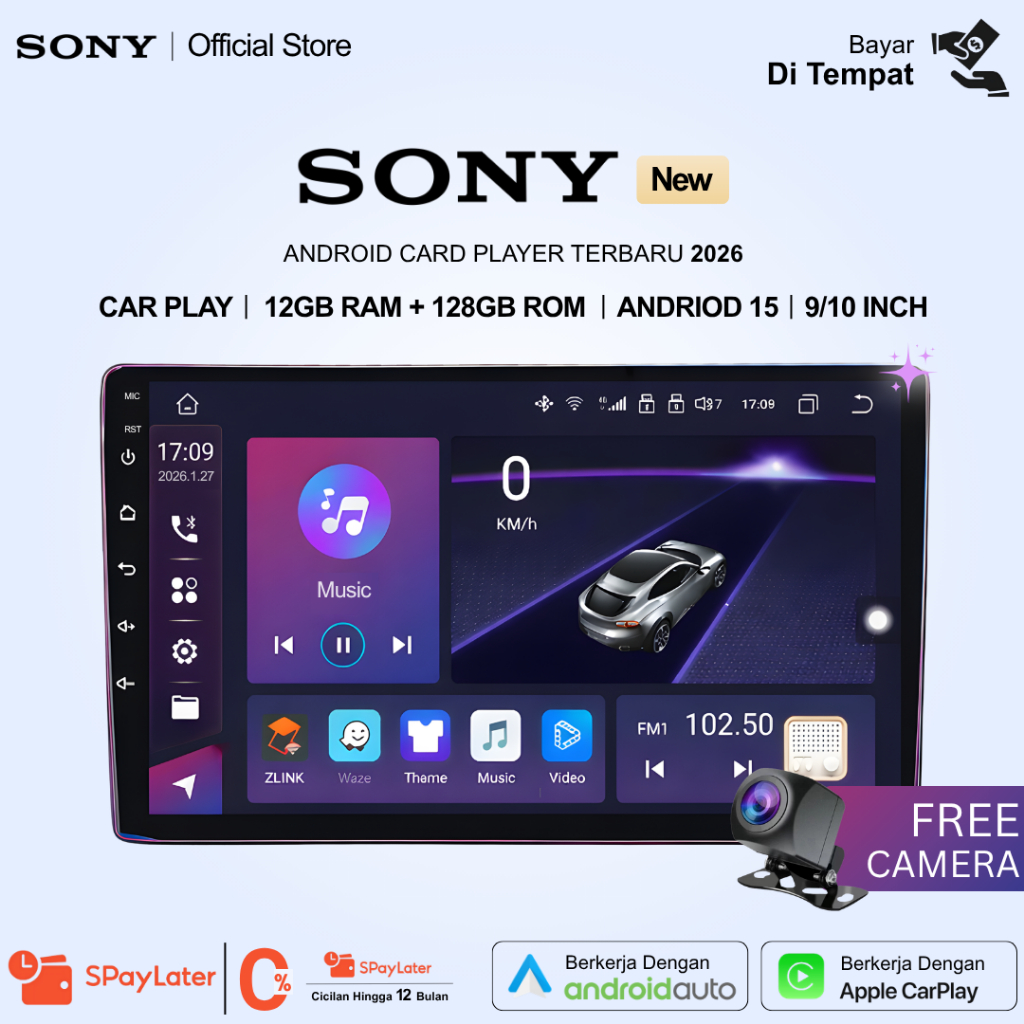 SONY Head Unit Android 15 12GB+128GB 7/9/10 Inch 2Din Wifi GPS Wireless Carplay Bluetooth Universal Dengan Dual Kipas Pendingin Andriod Player