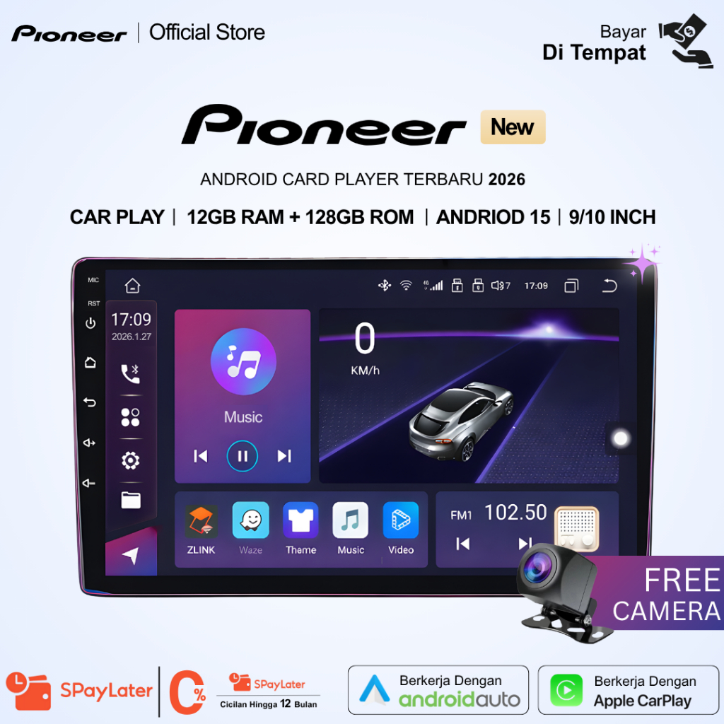 Pioneer Head Unit Android 12G+128G FHD Android 15 8 Core Android Car Player Dengan Kamera Bluetooth Universal Dengan Dual Kipas Pendingin