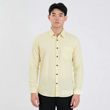 GHIFAREAL Kemeja Pria Butter Yellow Lengan Panjang Kemeja Polos Pria Soft Yellow Premium