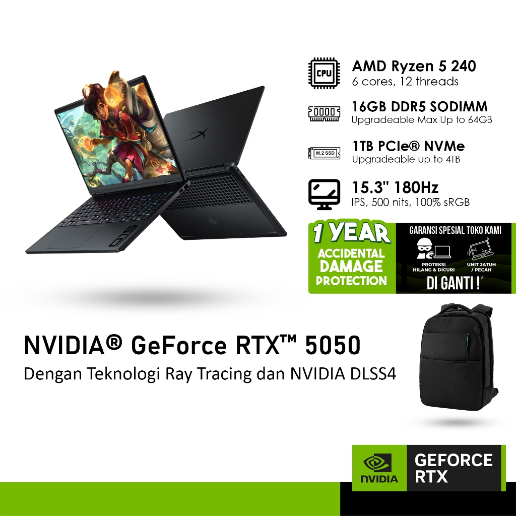 HP HYPERX OMEN 15 GB0555AX GeForce RTX™ 5050 8GB - RYZEN 5 240 16GB 1TB WINDOWS 11 15.3 WQXGA 180HZ