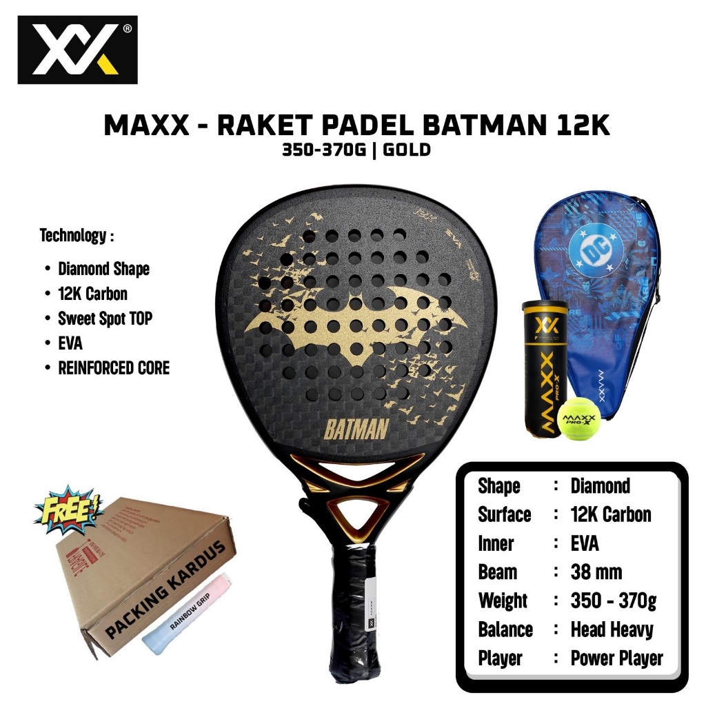 Jual MAXX Batman 12K ( 350-370g) Gold Raket Racket Padel | Shopee Indonesia