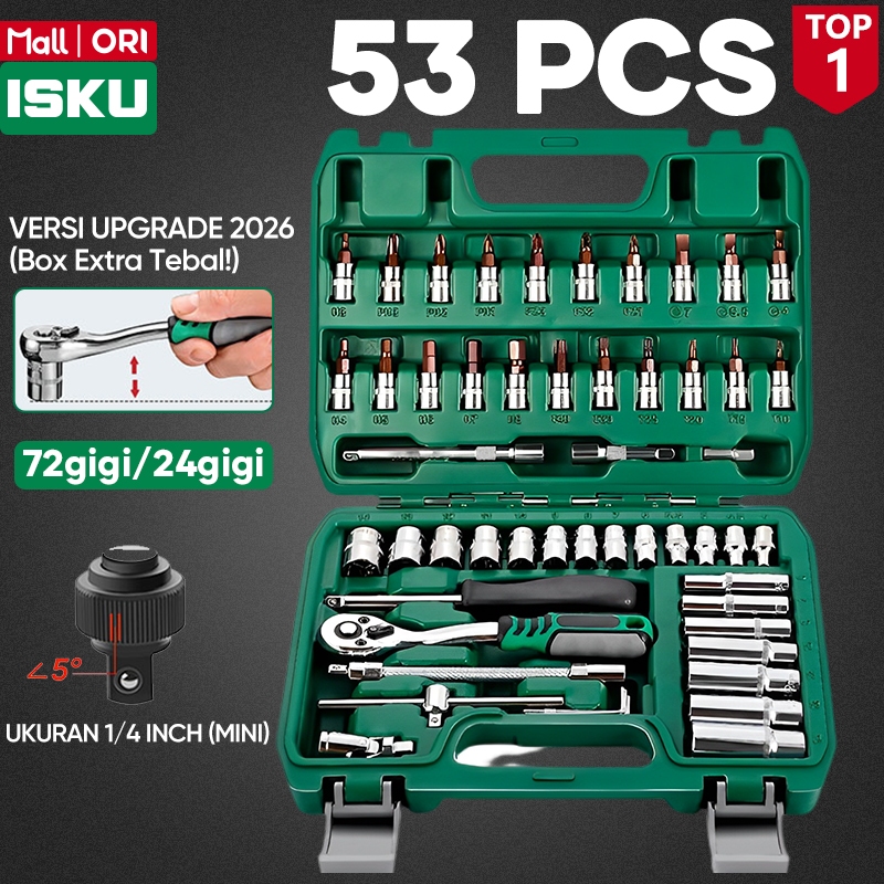 ISKU Kunci Sok Set 53 Pcs 1/4 Inch Tool Kit Socket Wrench Set Lengkap Ratchet Mini Mata Obeng Hex Torx Plus Minus Kunci L Alat Bengkel Motor Sepeda Elektronik PC Laptop Koper Perkakas Kunci Shock Kecil Buka Baut Body Mesin CR-V Ukuran 4-14 mm