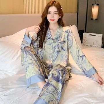 One Set Piyama Baju Tidur Wanita Baju Tidur Lengan Panjang Celana Panjang Bahan Satin Silk BTW