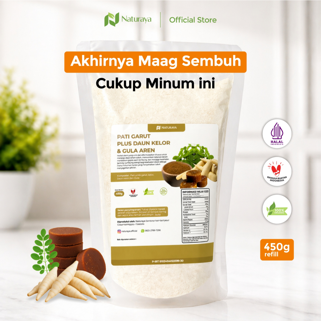 Naturaya Tenang Lambung Untuk Asam Lambung Maag Gerd Tepung Garut Daun Kelor Gula Aren Bahan Alami Organik 450g Kemasan Refill Jumbo