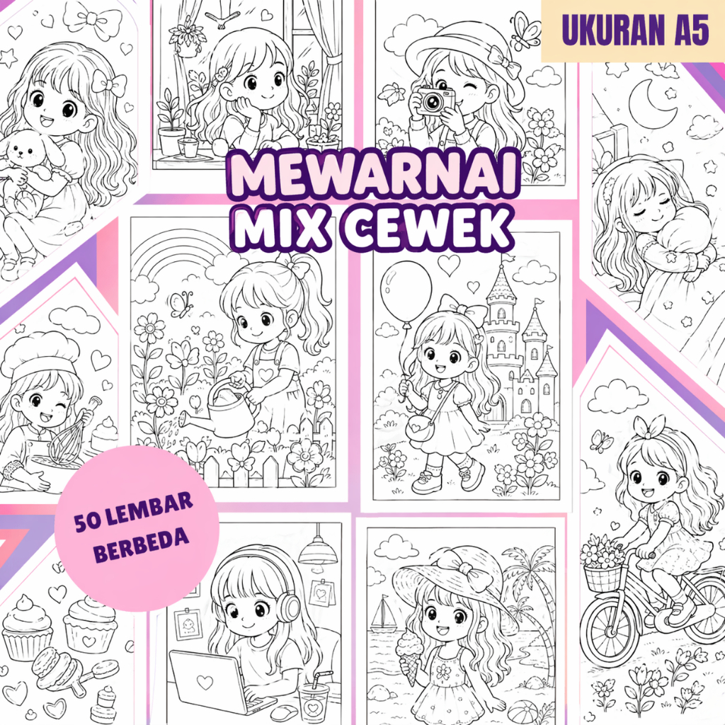 Jual 50 Kertas Mewarnai Tema Mix Cewek Ukuran A5 Gambar Drawing ...