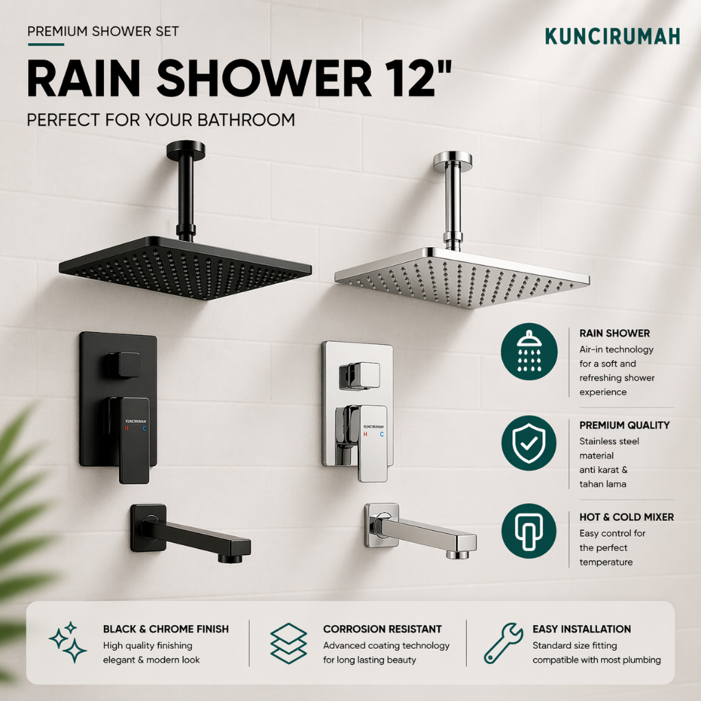 Jual Rain Shower set kuningan hitam Shower tanam Plafon 12 inch black ...