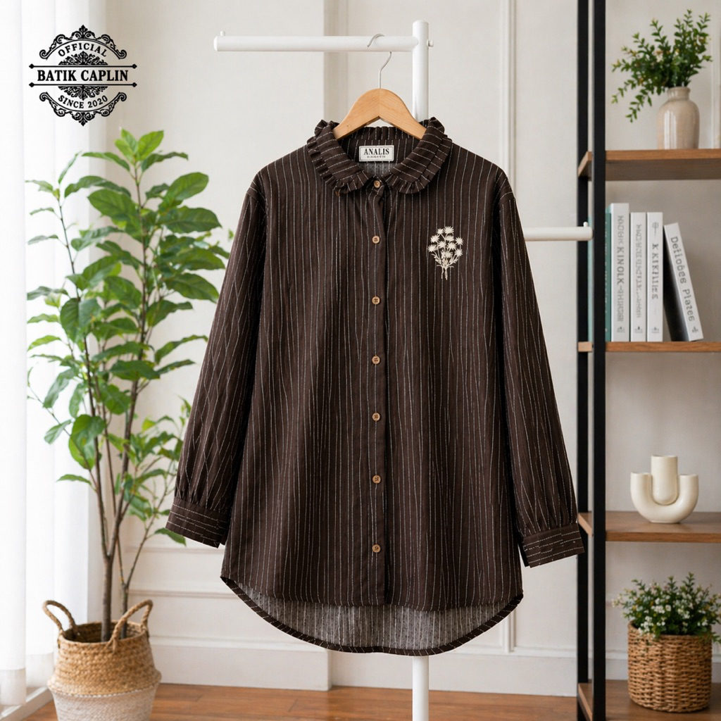 BATIK CAPLIN - Fanya Kemeja Wanita Stripe Bordir Rayon…