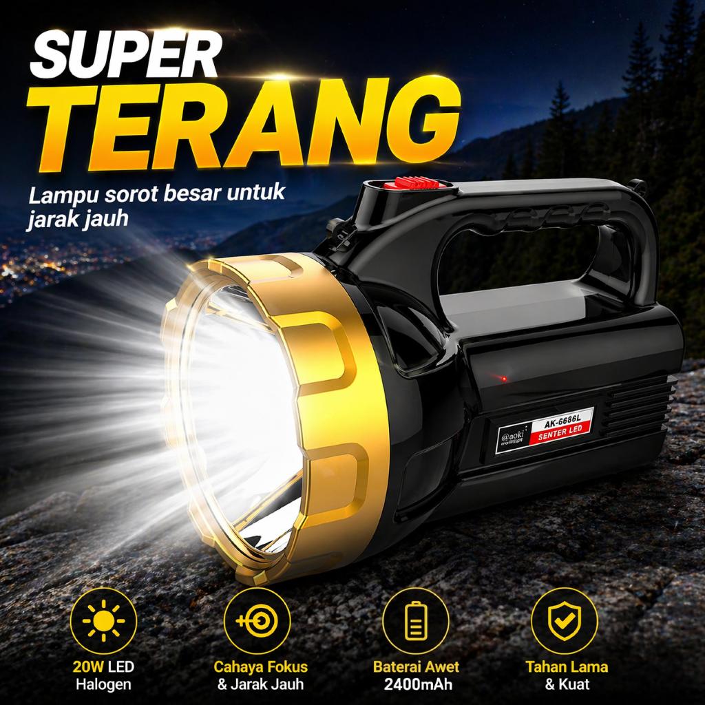 Jual AOKI Senter Jumbo LED 20W Lensa Besar 10.3CM | Baterai 2400mAh ...