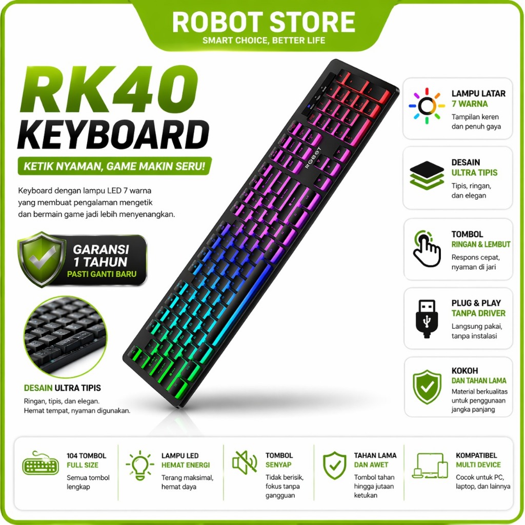 Jual ROBOT RK40 Keyboard Kabel Rgb 7 Color Rainbow Led Backlit Full ...