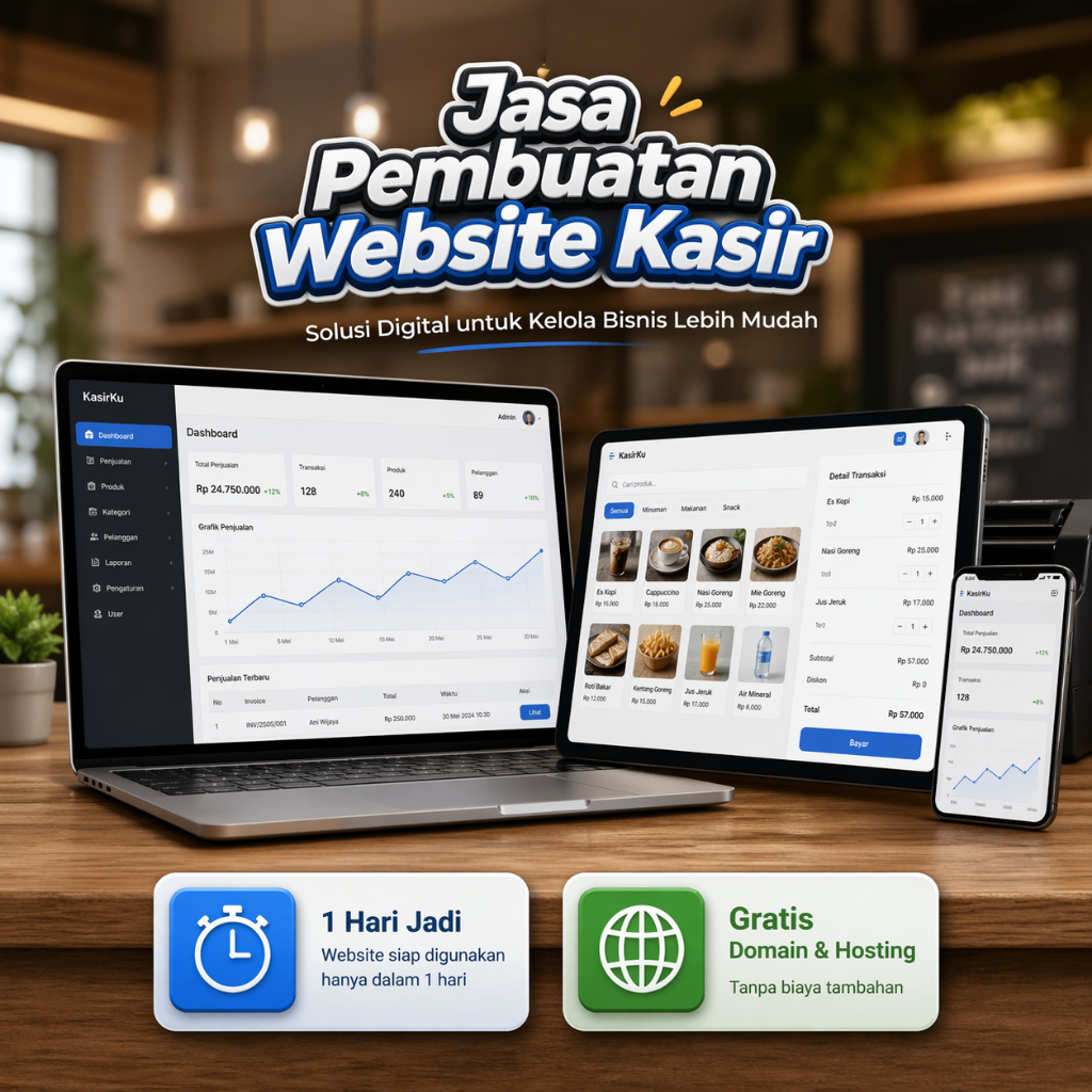 Website Kasir - Domain Hosting 1 Tahun - Optimasi Google Dasar - Web POS - Web Manajemen Toko - Jasa Buat Web Penjualan - Jasa Pembuatan Website Sistem Kasir - Website Retail
