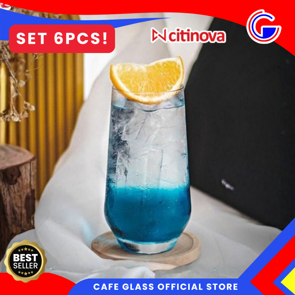 Gelas Kaca Citinova Akari 390ml Set 6 pcs - Gelas Minum Premium Tebal Elegant - Gelas Jus Kopi Susu Cafe Aesthetic