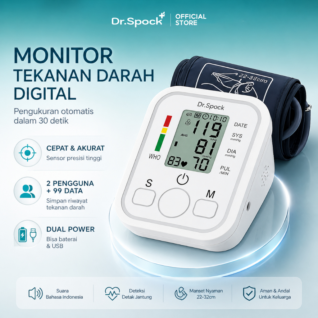 Dr.Spock Tensimeter Digital Otomatis - Alat Tensi Darah / Alat Cek Tekanan Darah / Alat Tensi Darah / Alat Cek Tensi Darah / Alat Cek Darah Tinggi / Tensi Meter Digital