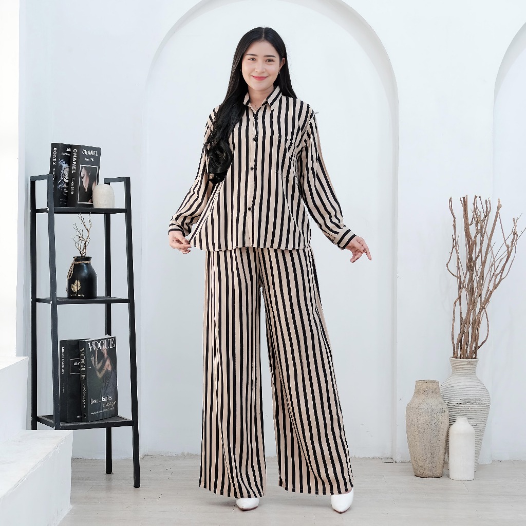 Salur Setelan Kemeja & Celana Garis Elegan 4