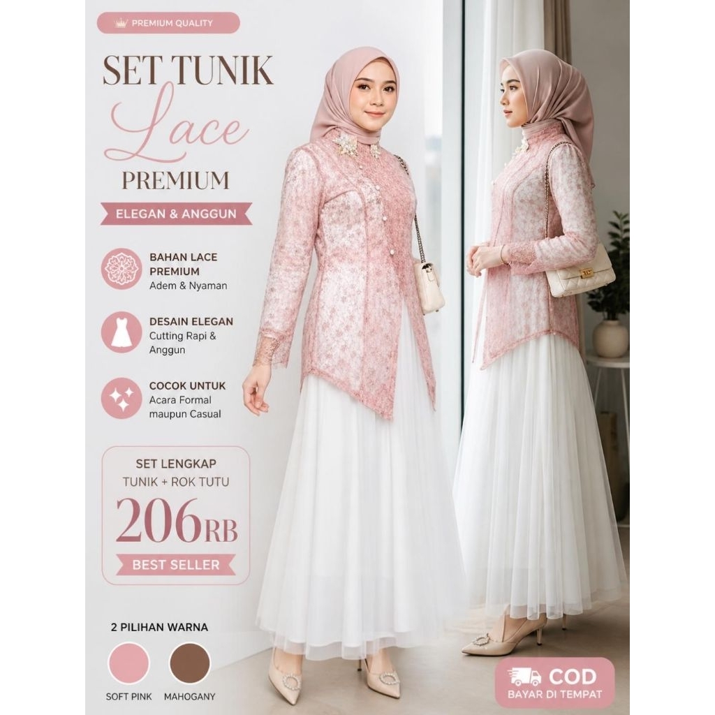 Jual Set Tunik Lace Wanita Elegan Azrina-Outer Inner Rok Tutu-Baju ...