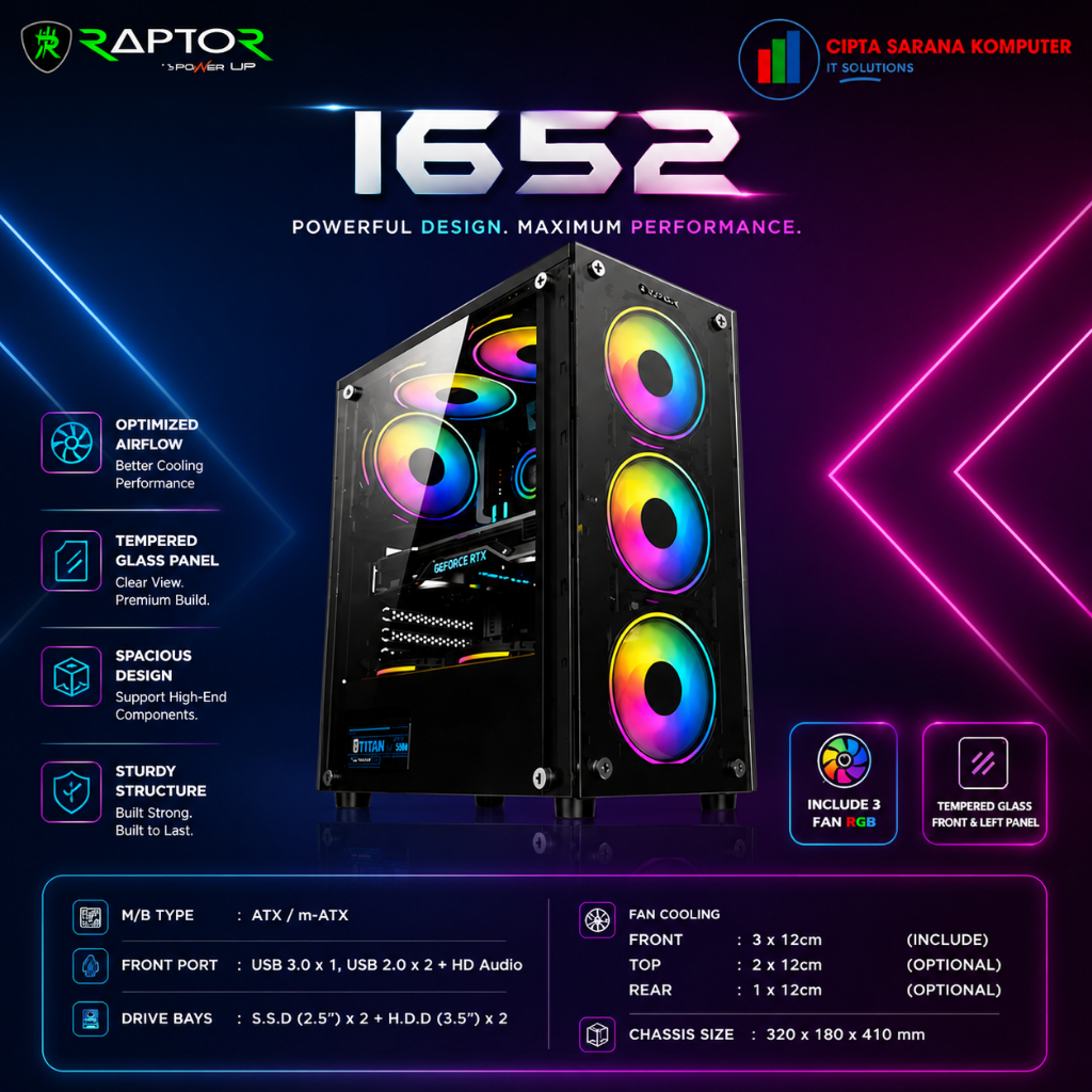 Jual Casing PC Gaming Raptor Strike Series R-1652 ATX / M-ATX Include 3 ...