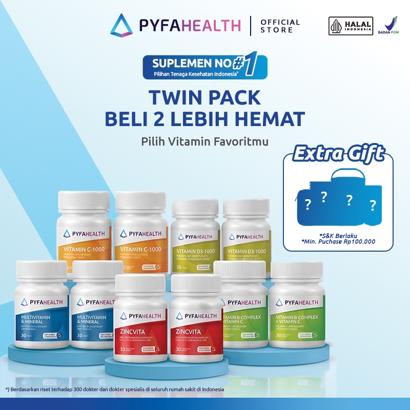 [TWIN PACK] PYFAHEALTH VITAMIN | MULTIVITAMIN & MINERAL, VITAMIN B-COMPL, VITAMIN C-1000, EX + VITAMIN C, VITAMIN D3-1000 and ZINCVITA | 30 Kaplet | Halal & BPOM Register