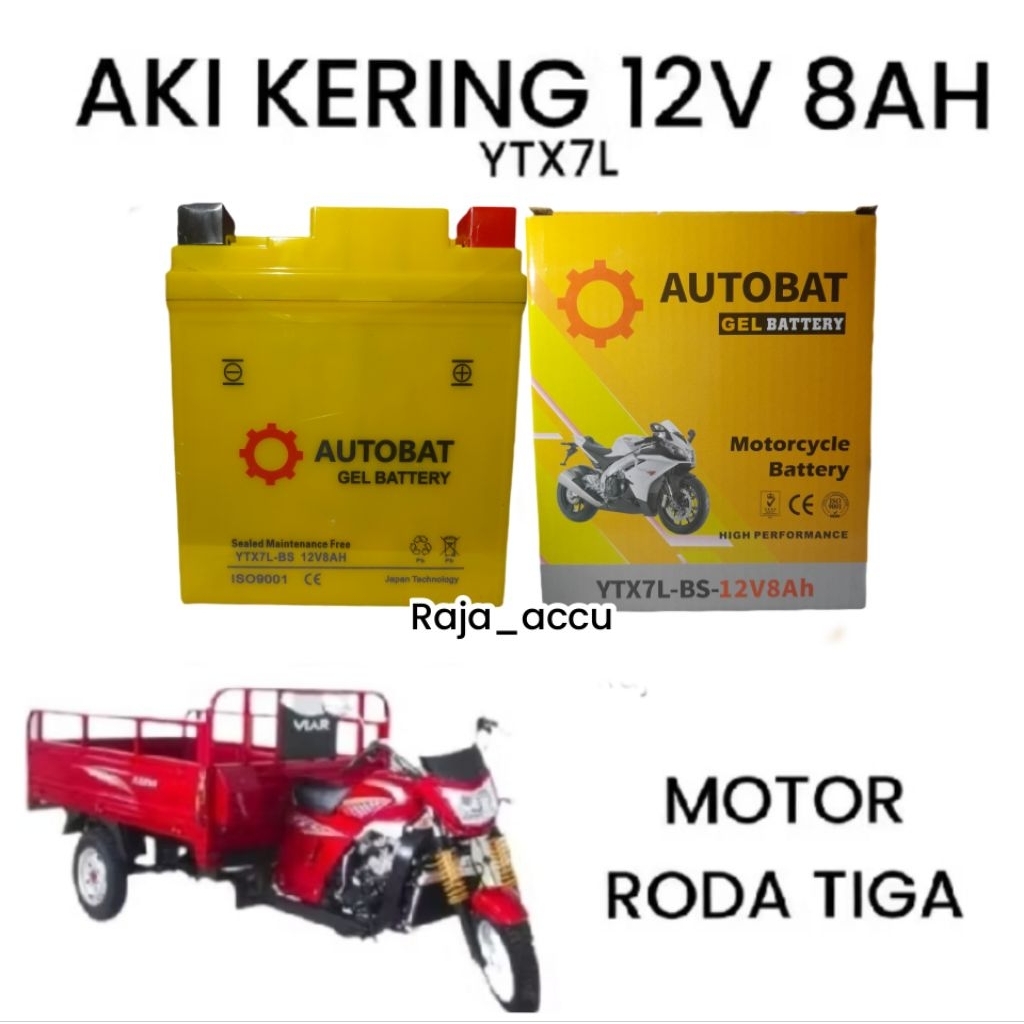 AKI MOTOR RODA TIGA VIAR, JIALING, NOZOMI, TOSA, RODA 3, AKI KERING AUTOBAT YTX7L 12V 8AH