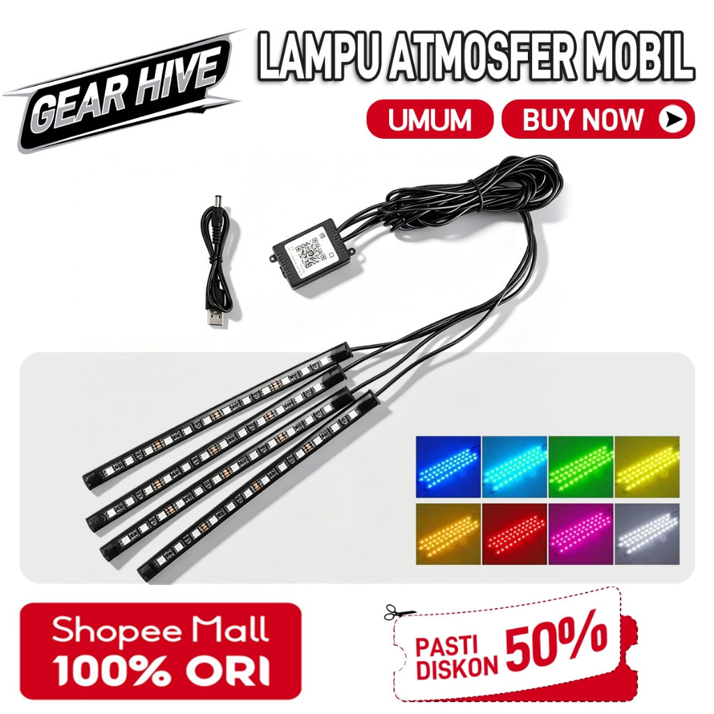 Lampu Strip LED Interior Mobil 4in1 RGB Musik 8 Warna Kontrol Aplikasi
