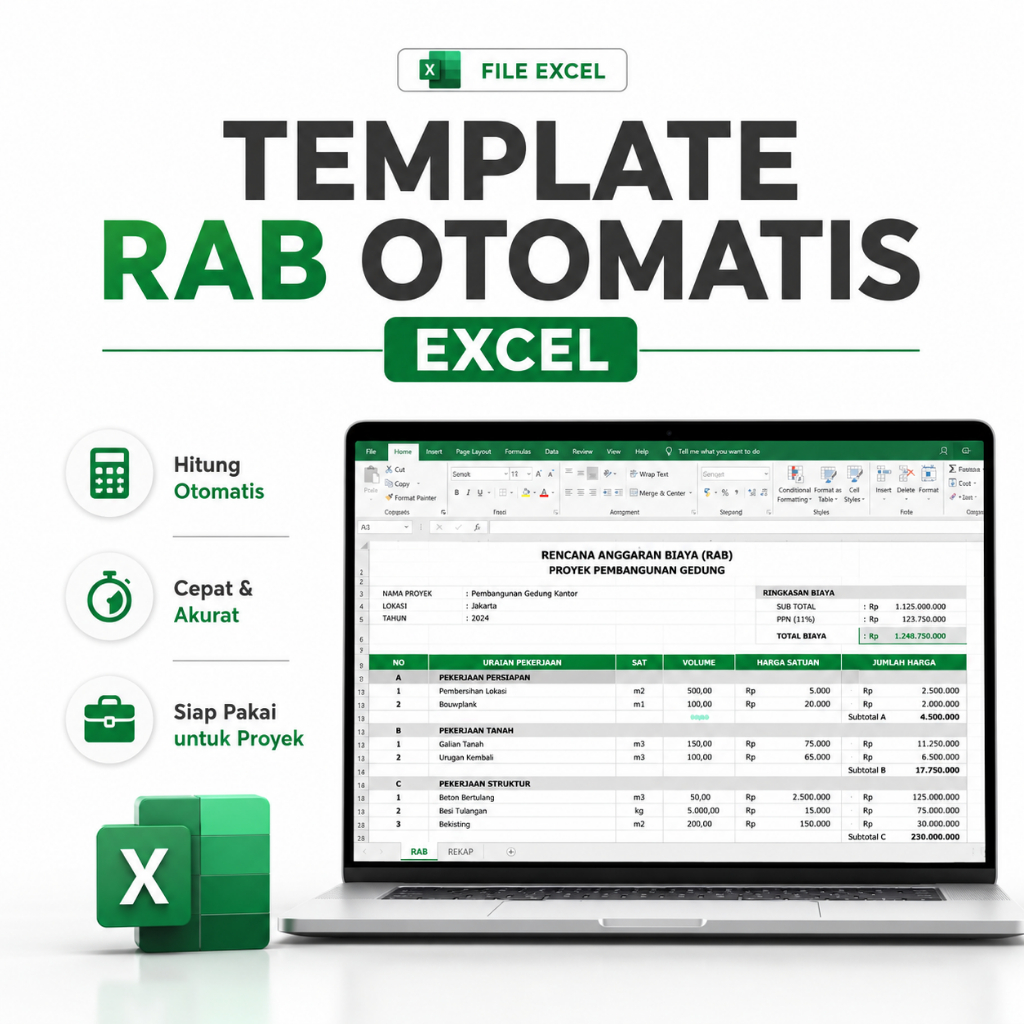 Template Excel RAB Otomatis - Hitung Rencana Anggaran Biaya Cepat & Akurat | Siap Pakai untuk Proyek Konstruksi