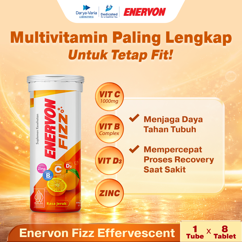 Enervon Fizz Tablet Effervescent (1 Tube x 8 Tablet) -  Suplemen Kesehatan dengan Vitamin C dan B Complex, D3 plus Zinc - Vitamin Lengkap Untuk Daya Tahan & Energi