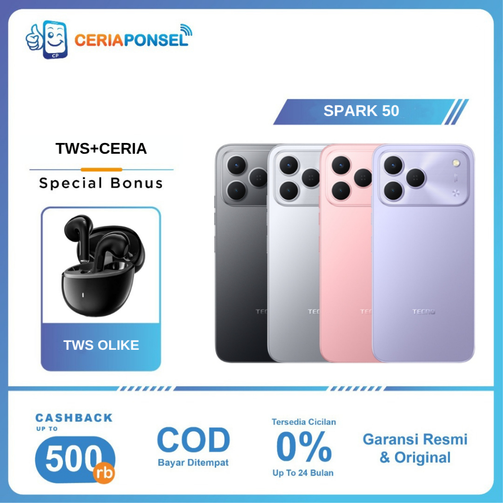 Tecno Spark 50 4/128GB | 6/128GB | 8/128GB MediaTek Helio G81 Processor | 7000 mAh Fast Charging | 120 Hz | Garansi Resmi Tecno Indonesia 1 Tahun