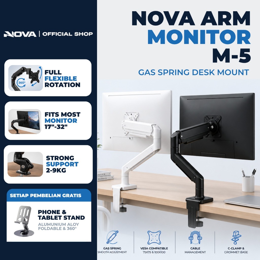 Jual NOVA Bracket Monitor Arm M5 Gas Spring Single Arm 13-32
