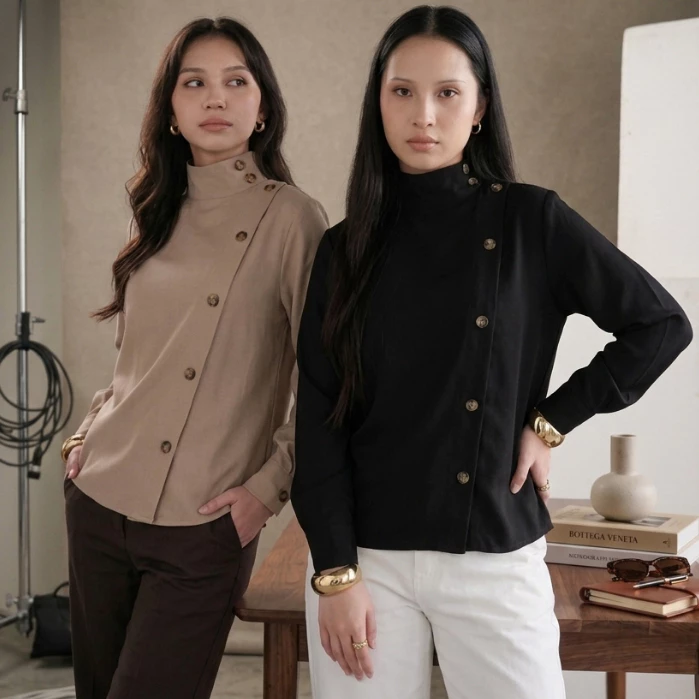 Lavia High Neck Top - Funnel Neck Blouse - Atasan Wanita - Japandi Style Classy - Trendy Look - Casual Wear - blouse wanita funnel neck hijab friendly anti lecek Japandi style classy trendy casual wear wanita - outfit hangout cafe kuliah