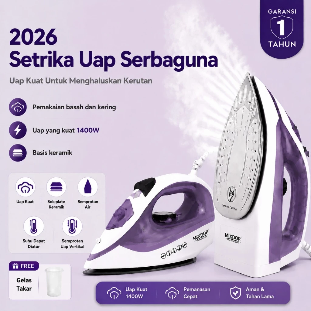 Setrika Uap 4 in 1 Portable | Setrika Listrik untuk Baju & Traveling | Mode Uap, Kering, Semburan Uap, Semprotan Air | Alas Ceramic Anti Lengket | Self Cleaning | Handheld Besar Daya