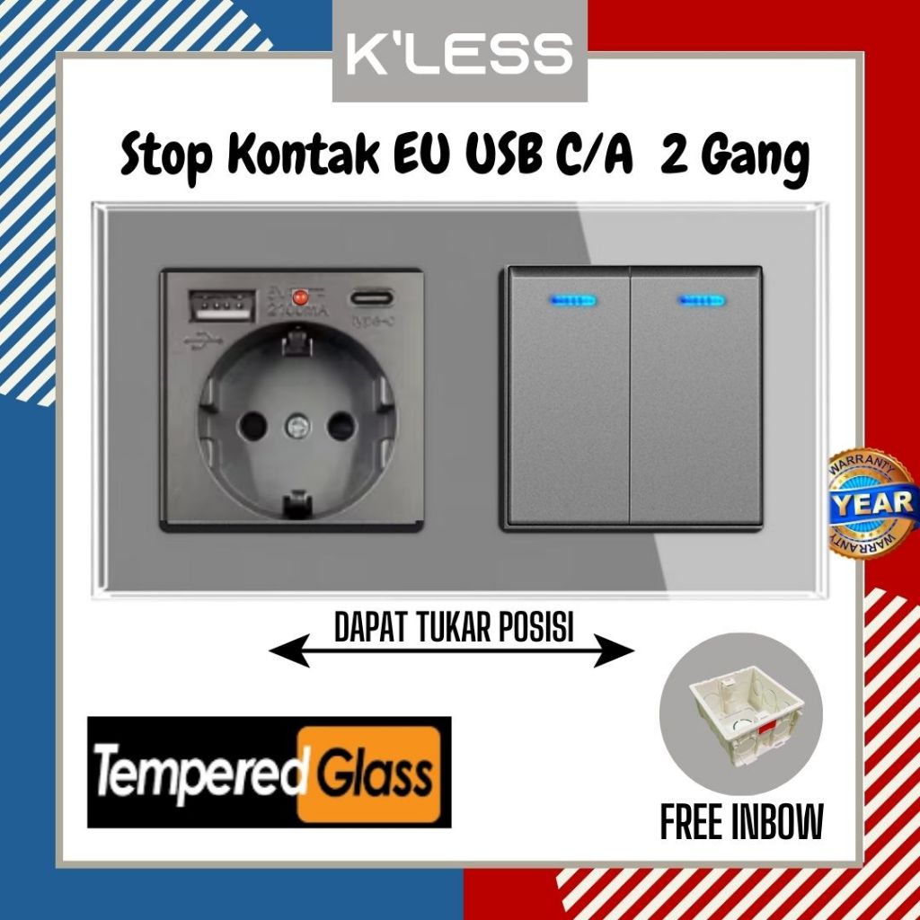 Jual Stop Kontak Dinding Tanam Wall Socket Tempered Glass design with 2 ...