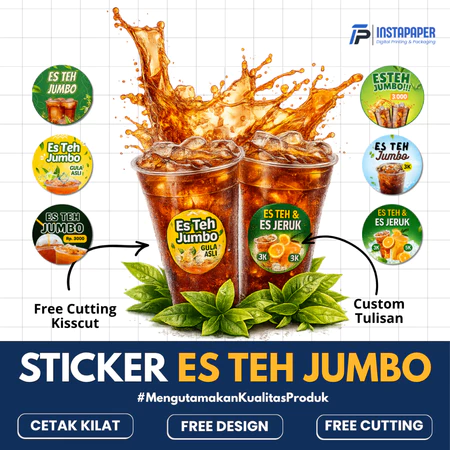 Stiker Es Teh Jumbo, Stiker Gelas Minuman Custom 100pcs - Free Design, Free Cutting
