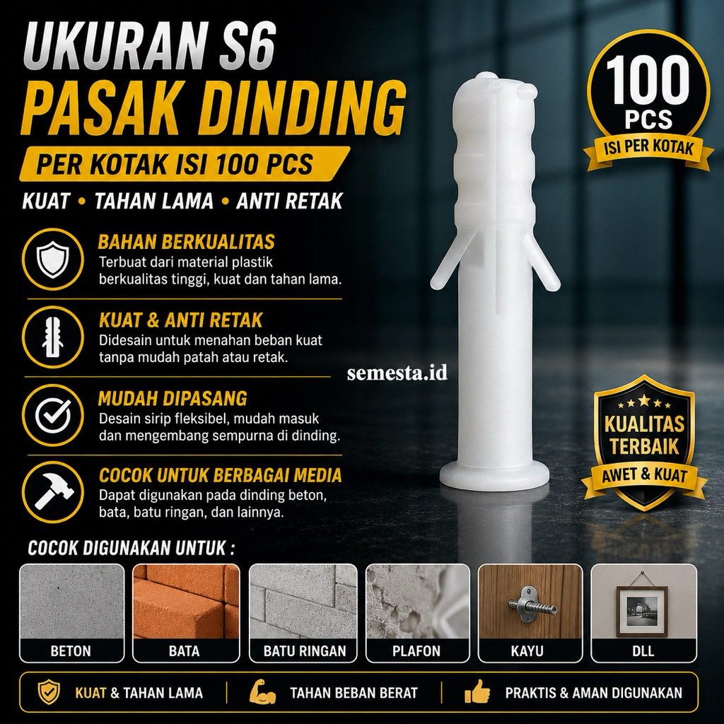 Jual Angkur Dinding / Wall Plug Tembok Ukuran S6 High Quality Isi 100 ...