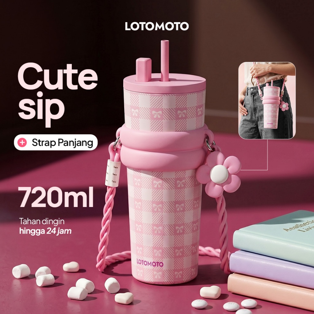 LOTOMOTO Tumbler Stainless 720 ML - Mug Kopi dengan Portable Aesthetic Termos Lucu Tas Tahan Panas Dingin 24 jam Vakum