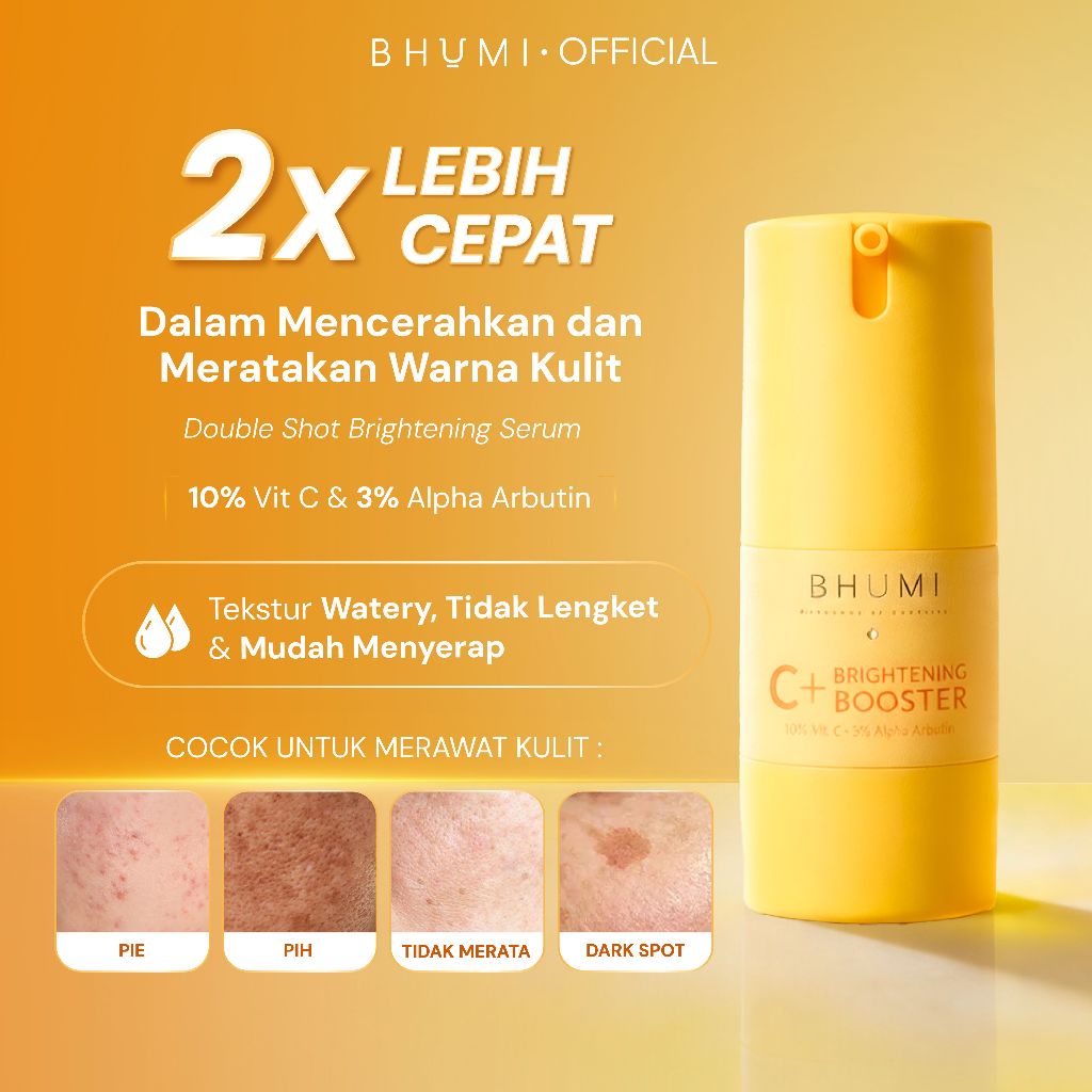 Bhumi C+ Brightening Booster 18ml - 10% Vitamin C & 3% Alpha Arbutin | Serum Vitamin C untuk Mencerahkan, Meratakan Warna Kulit & Samarkan Bekas Jerawat
