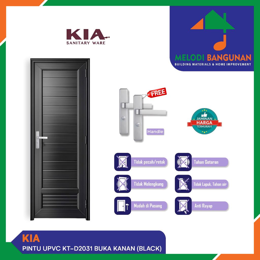 Kia - Pintu Kamar Mandi + Toilet + WC KT-D2031 UPVC Black Hitam 70x200 Handle Kiri Buka Kanan