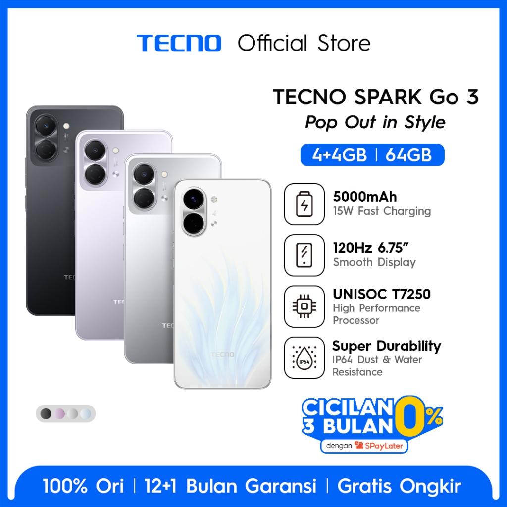 TECNO SPARK Go 3 4GB+4GB*/64GB, IP64, 6.75" HD+, 120Hz Smooth Display, 5000mAh, 15W* Charging, Freelink Communication, TECNO AI - sparkgo3
